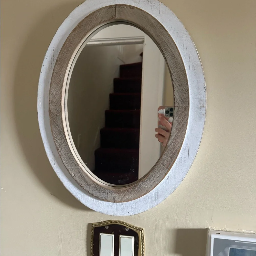 Chic White and Brown Oval Wall Mirror